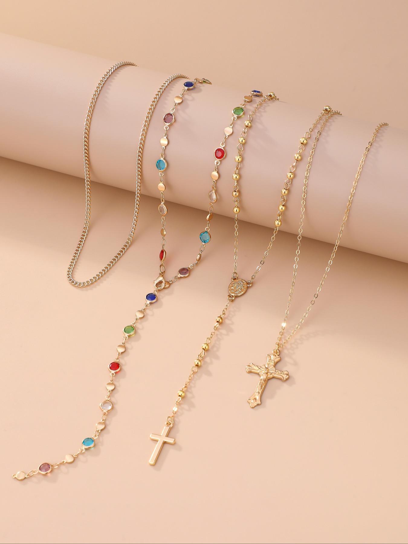 4 Piece Set Vintage Metal Jesus Cross Y-Style Long, Bohemian Style Boho Chic Colorful Crystal Glitter Cross Pendant Jewelry, Perfect Fashion Gift for Women