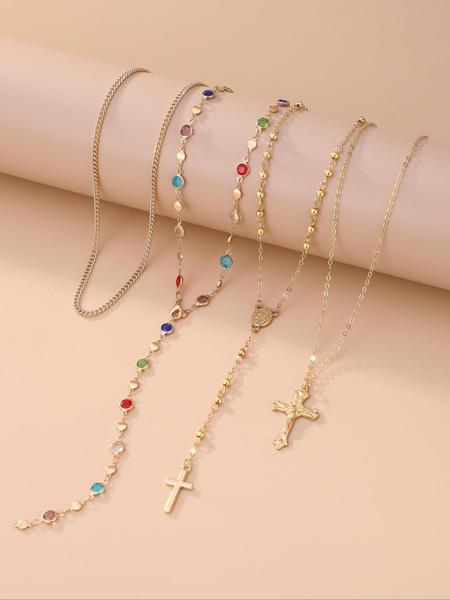 4 Piece Set Vintage Metal Jesus Cross Religious Pendant Y-Style Long, Bohemian Style Boho Chic Colorful Crystal Jewelry, Perfect Fashion Gift for Women