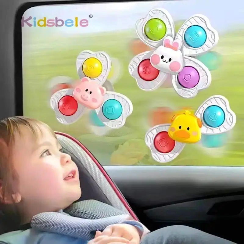 Unisex 3PC Full Set Cartoon Animal Faces Suction Cup Fidget Spinner Toy - Safe Materials Infant Teether, Stress Relief, Rotating Bath & Sensory Toy for Above 12yr Kids