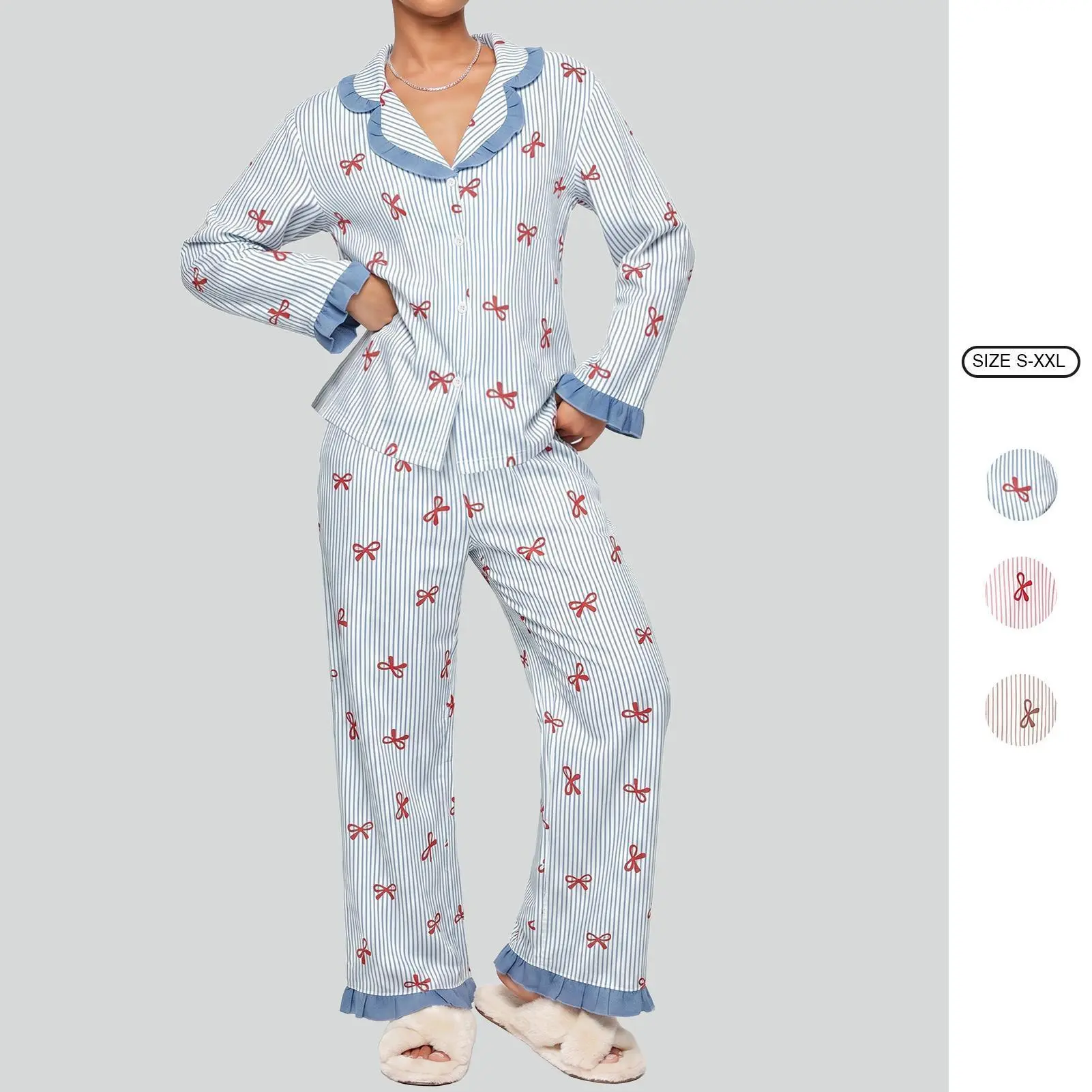 Imily Bela Women Ruffle Collar Striped Bow Print Sleepwear Long Sleeve Button Down Pyjama Set With Side Pockets