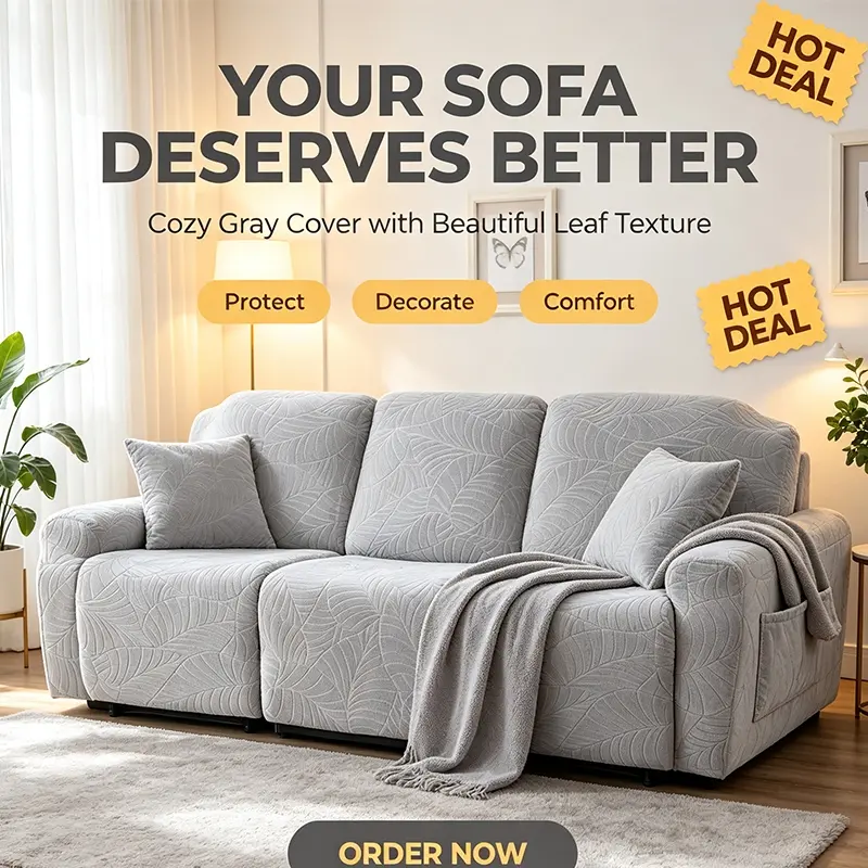 Fashionable  Chaise Lounge Cover Set with Recliner Sofa Protector Large Leaf Design Washable Furniture Protector for Pets Kids