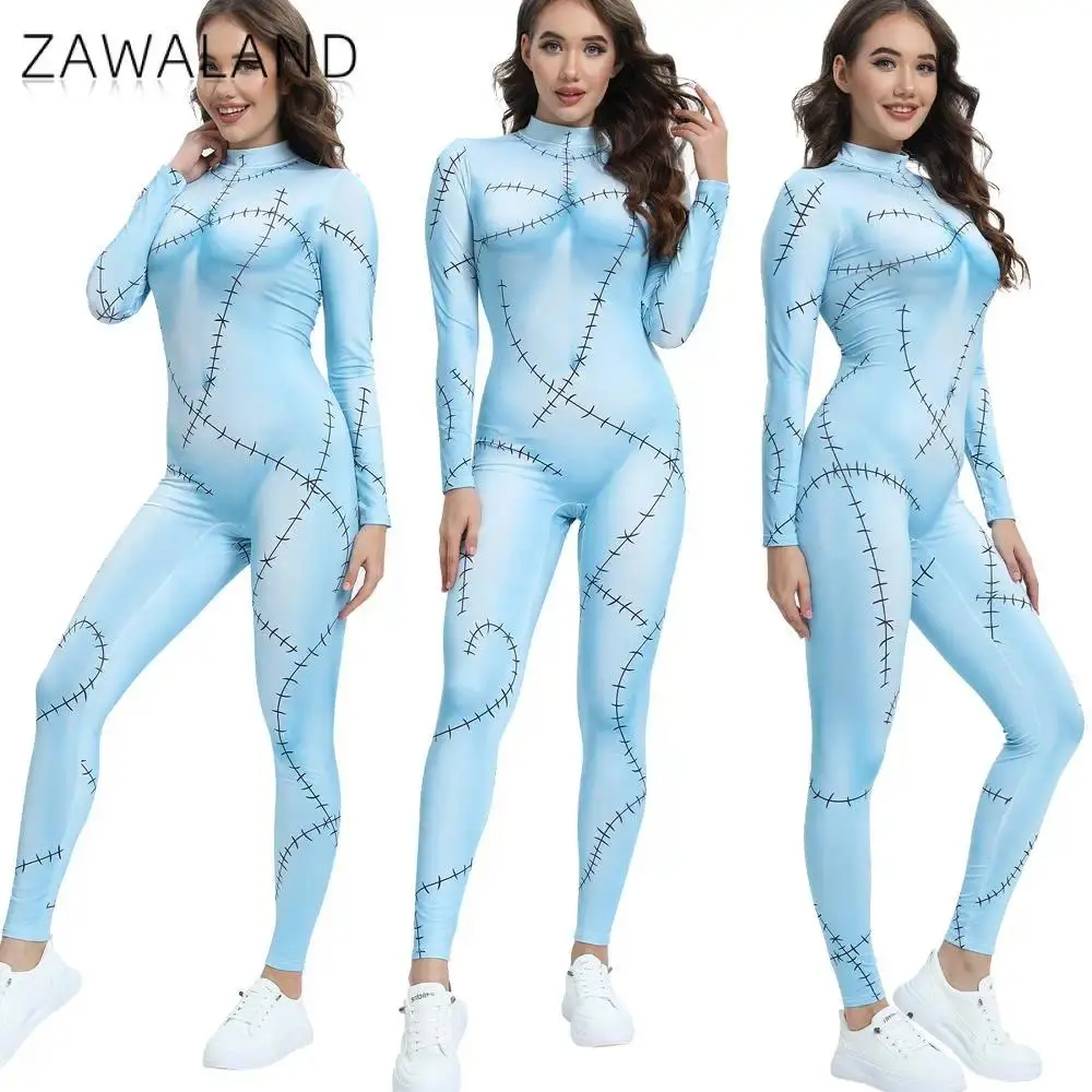 ZAWALAND Halloween Nightmare Sally Cartoon Character Cosplay Jumpsuit, Women's Full-Length Fashion Clothes, Zentai Bodysuit for Christmas Cosplay Parties