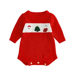 Infant Baby Boy Girl Christmas Romper Long Sleeve Santa Claus Embroidery Knitted Jumpsuit Fall Winter 0-18 Months