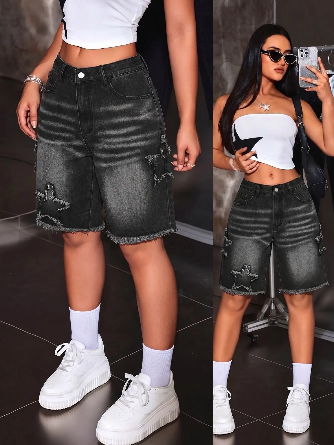 Women's Denim Shorts, Star Fringe Five-Quarter Jeans, Summer Streetwear, Loose Fit, Washed Fabric, Star Fringe Design, Baggy, Bottom