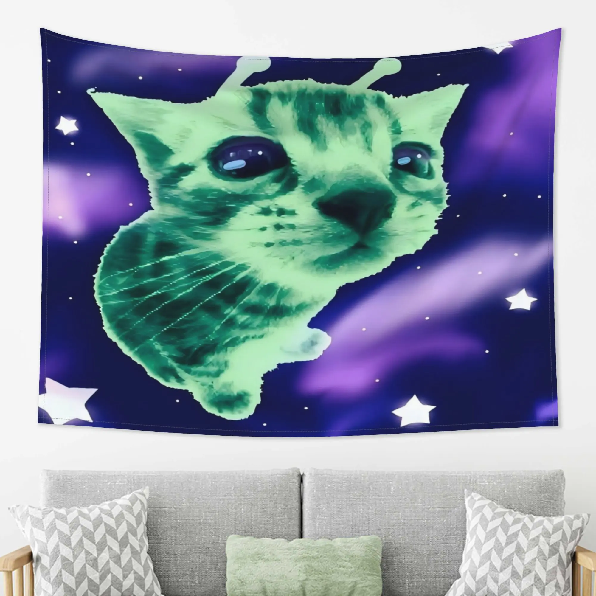 Y2K Cat Tapestry Wall Art with Green Minimalist Print Aesthetic Decor for Bedroom Living Room Office Dorm Apartment Home Party Gift Wall Hanging,music