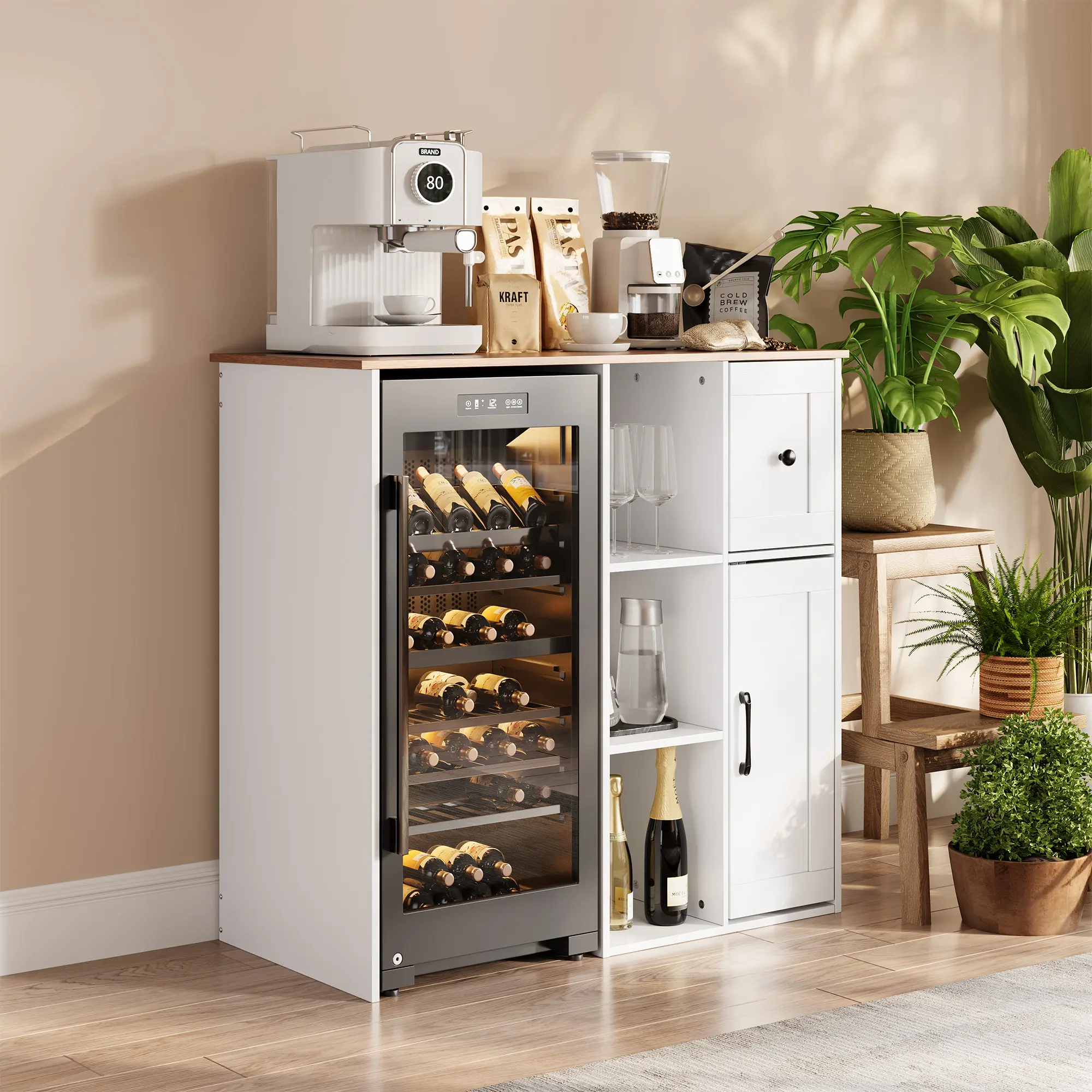 3-Tier Mini Fridge Cabinet with Storage, Coffee Bar Cabinet with Power Outlet, Fits 20" Wine Fridge, Modern Storage Sideboard, Compact Coffee Bar or Stylish Mini Fridge Organizer summerwins