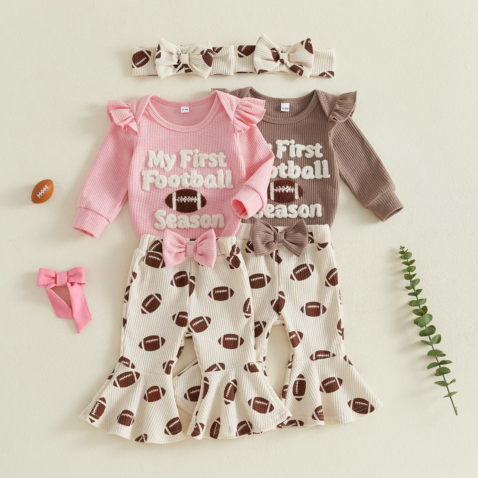 Infant Baby Girl Football Outfit Long Sleeve Romper and Flared Pants Headband Set Fall Winter 0-18 Months