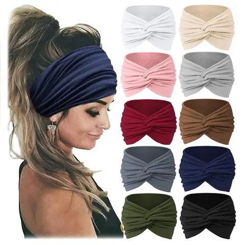 Women's Turban Style Sports Headbands Set - Non-Slip Wide Band, Elastic Thick Stretchy Fit, Cotton Polyester, Cotton-Like Feel, Workout Gear Hair Accessories (Brown, Grey, Navy) (Sports & Outdoor)