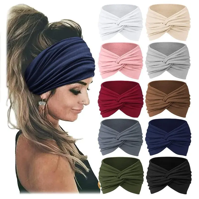 Headbands for Women, Non Silp Wide Hair Bands, Elastic Thick Head Bands, Stretchy Soft Sports Sweat Bands for Spa Workout Running Gym, Twist Knotted Cotton Cloth Turban Hair Accessories