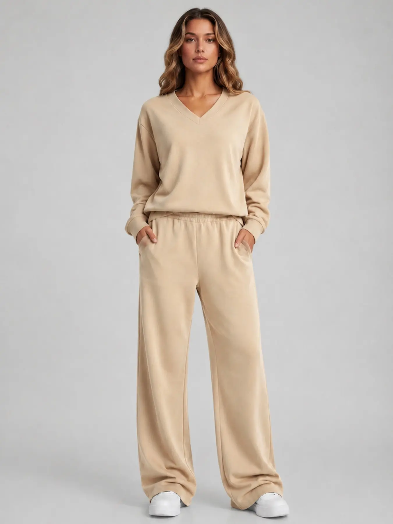 Women's Casual V-Neck Loose Stretchy Two-Piece Set, Fall & Winter Solid Color Long Sleeve Top & Wide Leg Trousers Co-ord, Soft Stretch Skin-Friendly Matching Outfit with Side Pockets #TikTokMadeMeBuyIt #CasualChic #OutfitSet