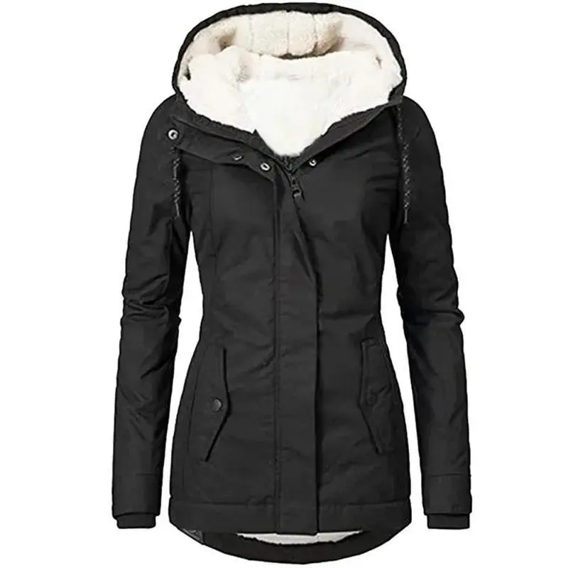 2023 Hooded Women Splice Zipper Coats Loose Casual Pockets Parkas Regular Thick Full Sleeve Warm Solid Jackets Autumn Winter camouflage design plush sweatshirt winter  clothes Womenswear Fabric Fit Jeans
