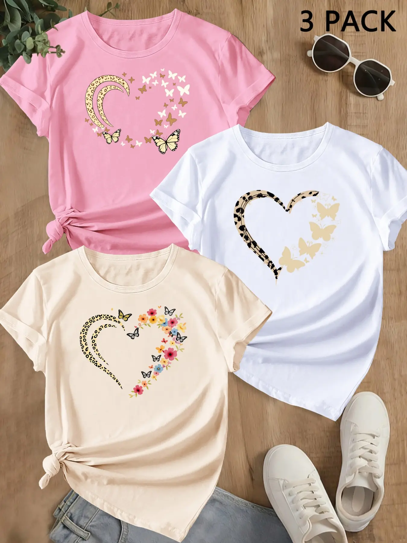 Summer Trendy Short Sleeve, Sporty Heart Print, Women's Casual Loose-Fit Round Neck T-Shirt, Comfortable Summer Top, Perfect for Outdoor Activities