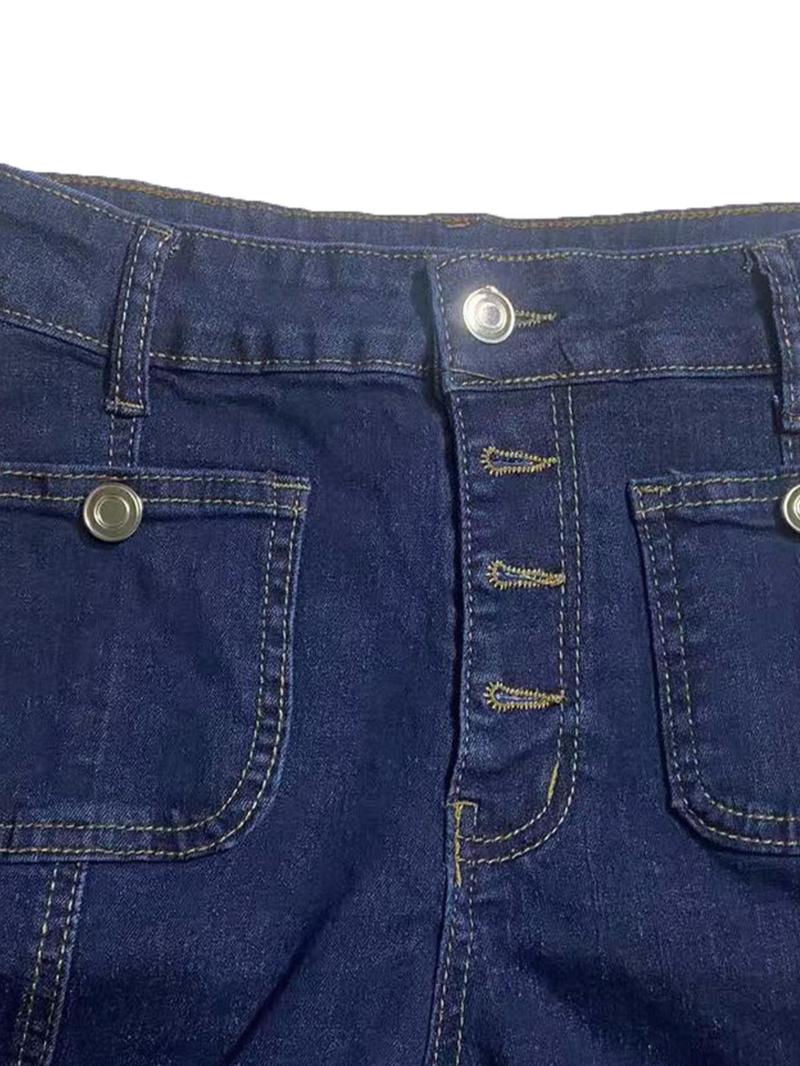 Women's Plain Flare Leg Jeans with Button & Pockets , Casual Bell Bottom Trousers for Daily Wear, Ladies Bottoms for All Seasons