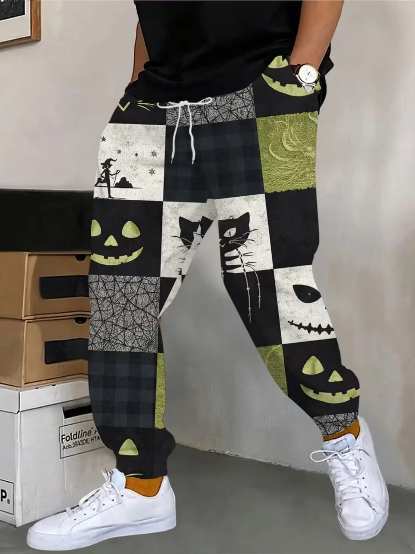 Men's Halloween Theme Sweatpants, Fun Pumpkin Cat Wizard Pattern, Casual Long Pants, Trendy Loose Fit, Fall Fashion