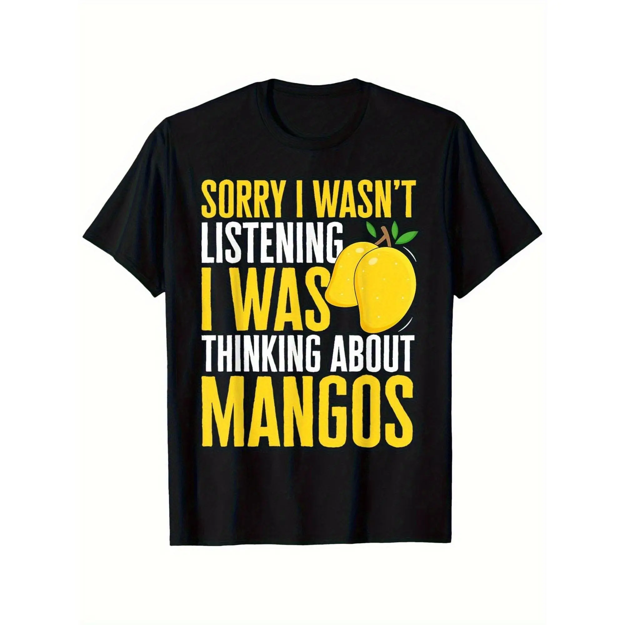 Men'S Funny Mango Lover Graphic T-Shirt, Sorry I Was Thinking about Mangos Bold Yellow Text & Cartoon Mango Design Casual Round Neck White Tee for Casual Attire, All Season Comfort, Funny Fruit Gift for Men