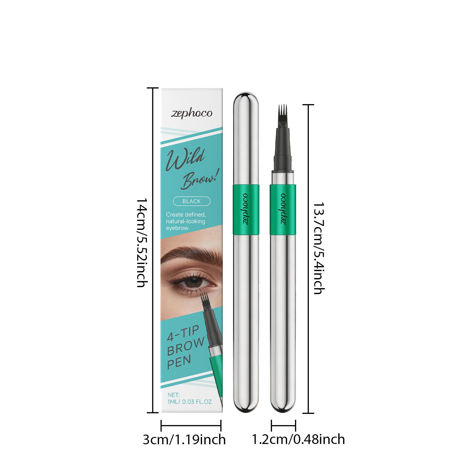 ZEPHOCO 4-Tip Brow Pen Black, VP/DMAPA Acrylates Copolymer Waterproof Film, Ultra-Fine Tip Precise Sculpting, Smooth Clump-Free, Twist-Up Design, Smudge-Resistant All-Day Wear for All Brows