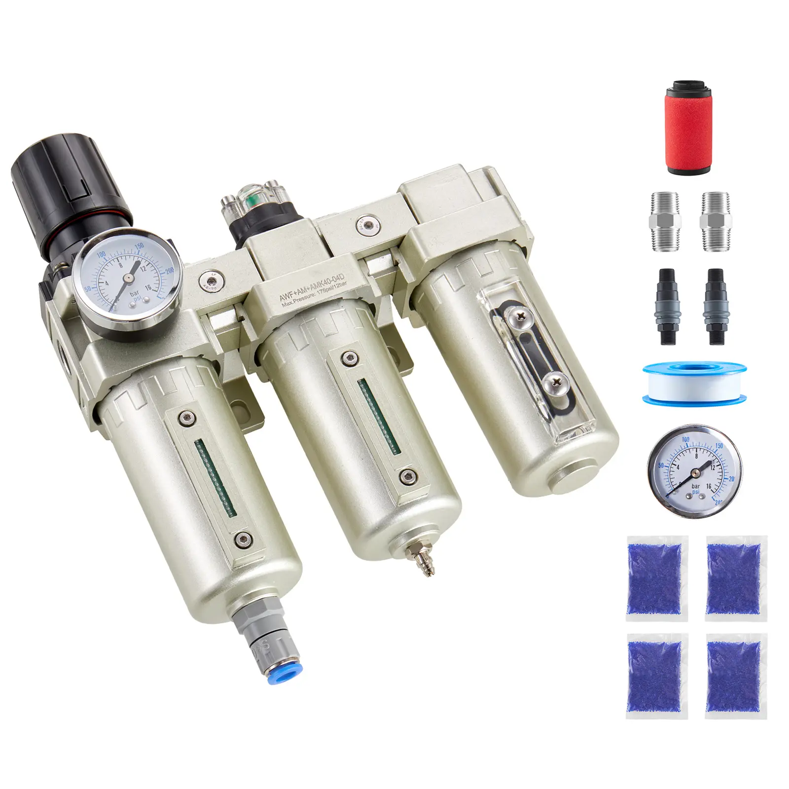Aluminum Alloy Air Compressor Filter Regulator with Desiccant Dryer, 175 PSI Max Working Pressure, 41-140°F/5-60°C Operating Temperature