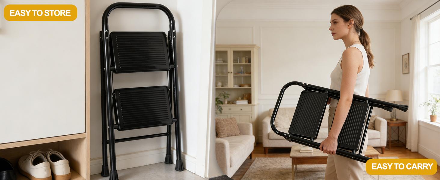 2 Step Ladder, Step Stool with Wide Anti-Slip Pedal, 330 lbs Capacity,Step Ladder Folding Step Stool for Adults, Lightweight Steel Portable ladders for Home Kitchen & Office,Black