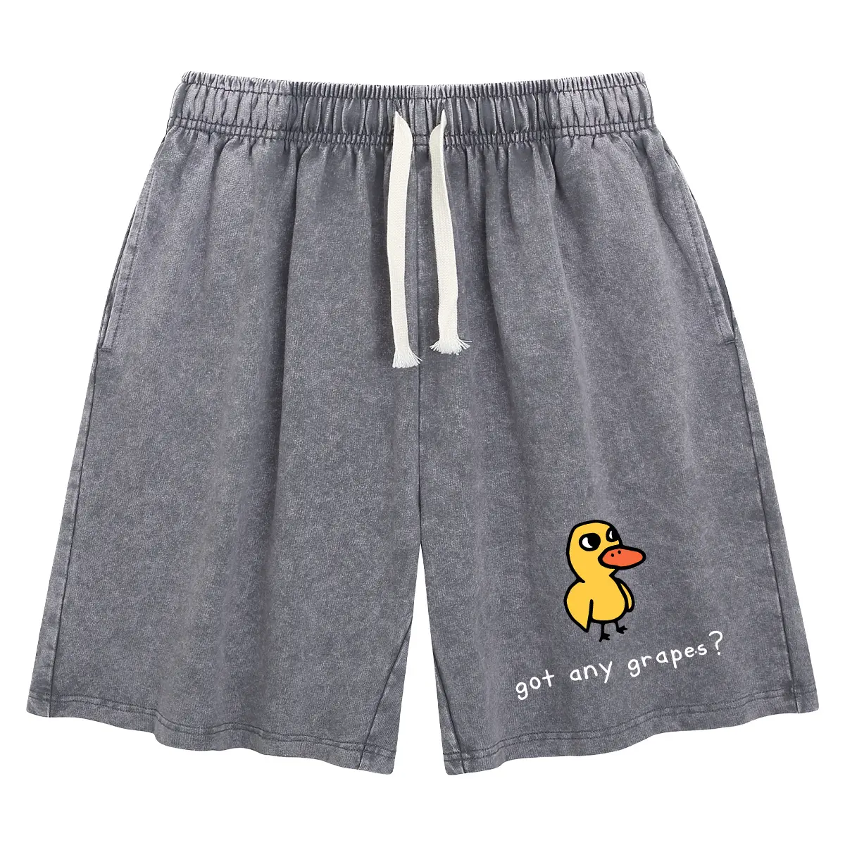 Unisex Casual Shorts with Acid Wash Duck Print, Stylish Mid Waist Cotton Blend Bottoms with a Drawstring Tie for Everyday Fashion