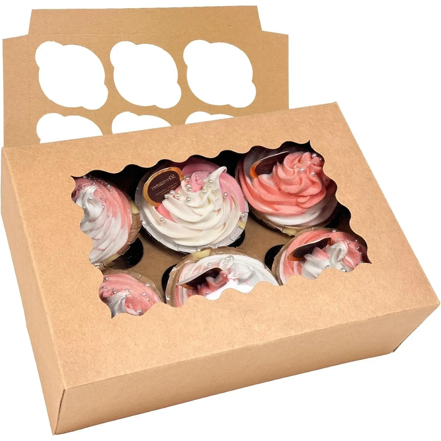 Auto-pop up 6-Cupcake Window View Boxes, 20-Count Brown Cupcake Carrier, 9.4x6.1x3 in Dimensions, Cardboard