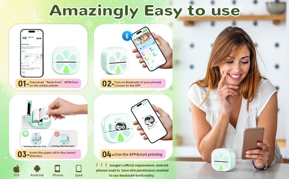 THE WELL KEPT Sticker Printer, Print Pods Mini Printer, Bluetooth Thermal Sticker Maker Machine with 3 Rolls Paper, Print Pod Mini Printers for iPhone, Impresora Portátil for Study Note, Journal, DIY, Kids Gift