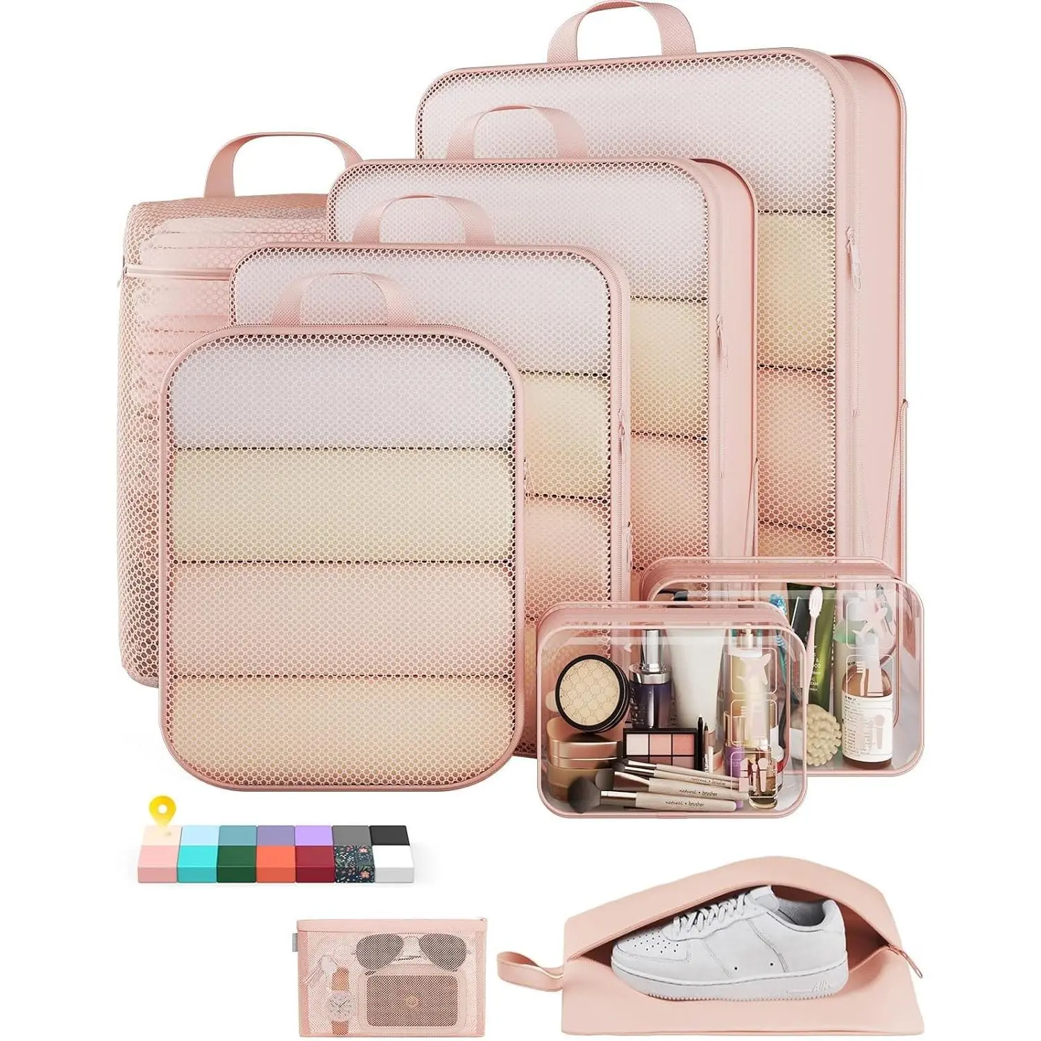 9/11 Set Compression Packing Cubes for Travel Essentials, Compressible Expandable Large Luggage Suitcase Organizer Bags for Clothing, Space Saver Bags with Over 1000 pcs of Mesh Holes(Beige)