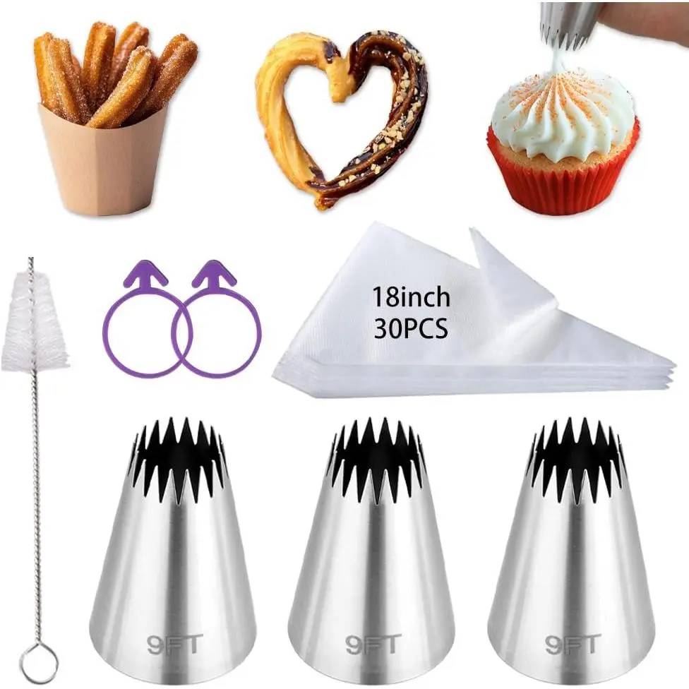 3 count 9FT Large Churro Piping Tips and Bags Set for Eclairs,Butter Cookies | eclair piping tip,with 30Pcs18Inch Large Piping Bags,Large Open  Pastry Tip,Churros maker,Cupcake Decorating tip