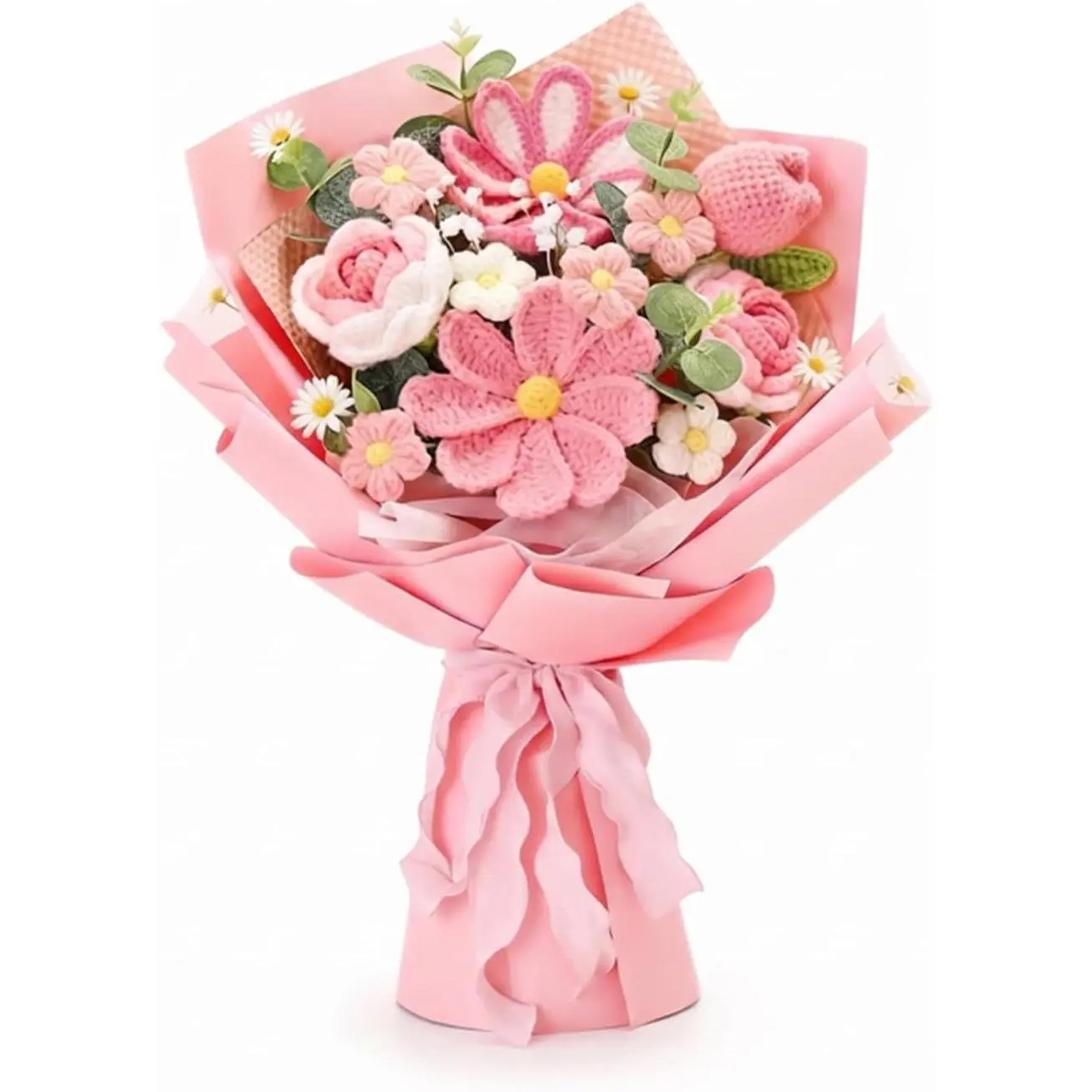Crochet Flower Bouquet, Handmade Crochet Flowers with Tulips and Roses, Pink Knitted Flower Bouquet Gift for Mom Wife Girlfriend, Mother’s Day Birthday Anniversary with Card