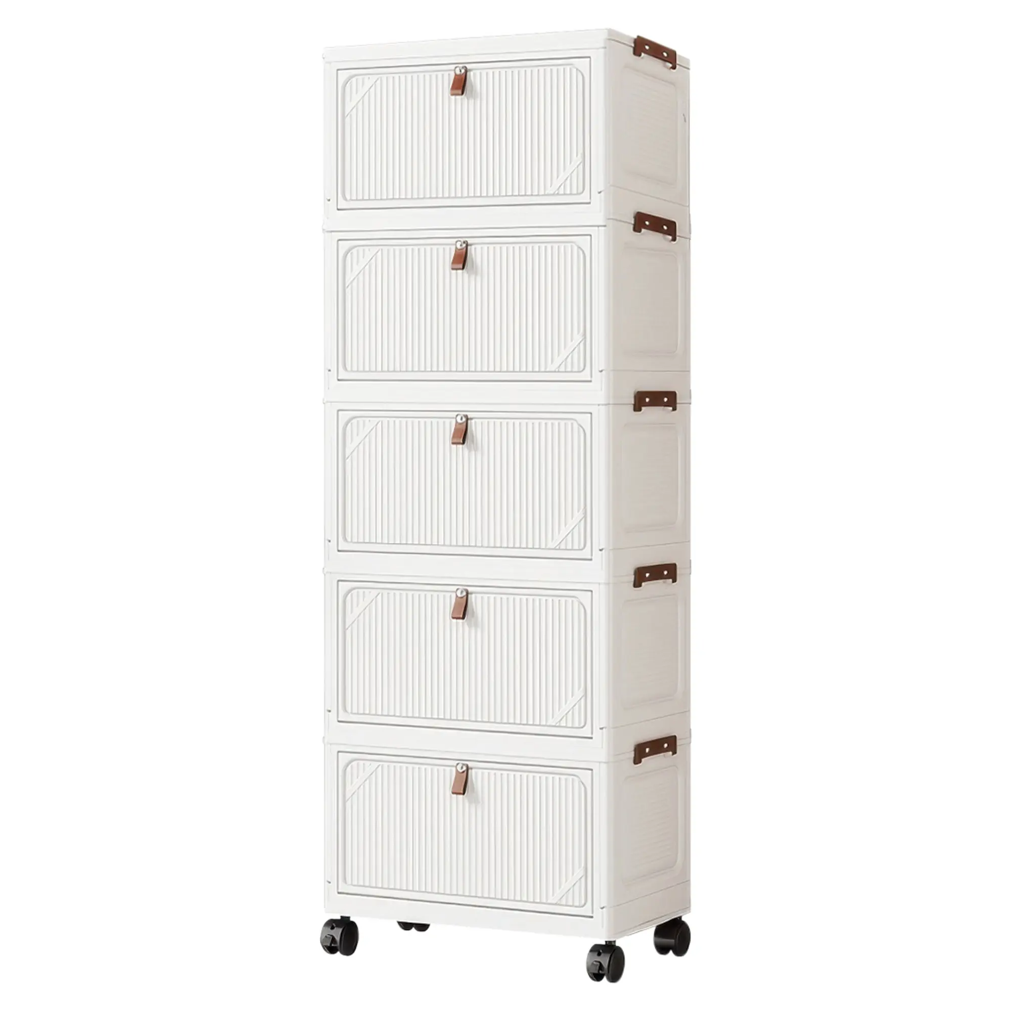 5 Tier Folding Storage Cabinet with Doors and Wheels PP Material Organizer for Living Room Bedroom Home Office White/black