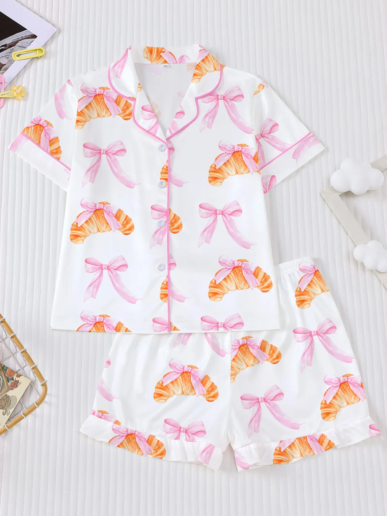 Pajama Set, Cartoon Print, Short Sleeve, Button Front, Soft & Breathable, All Seasons, Casual Home Wear, Party, Matching Pj Set, Shirt Shorts Pyjama