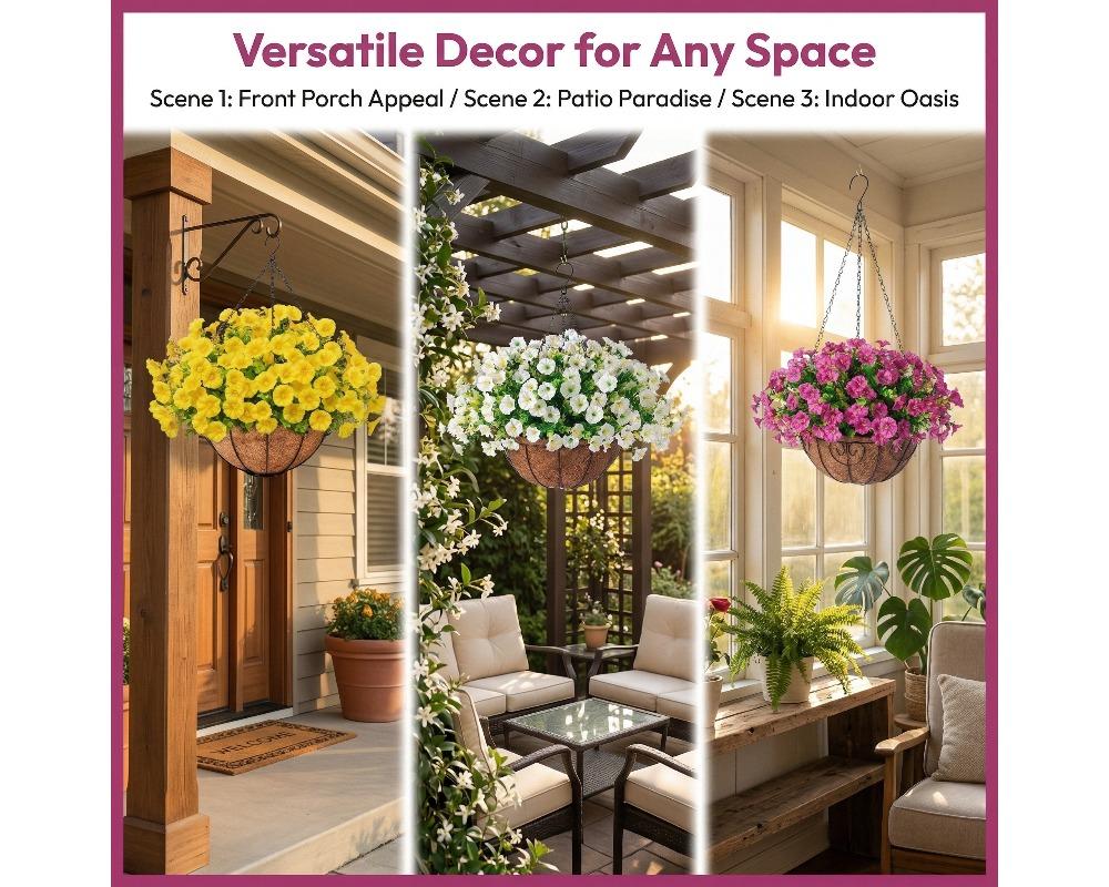 2pcs Artificial Hanging Basket with Morning Glories Faux Flowers in Coco Fiber Liner and Iron Frame Multi-Color Decorative Plant for Balcony, Porch, and Yard Lightweight and Easy to Hang Design Available in Multiple Vibrant Colors