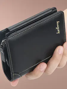 Baellerry Men's Short Wallet with Multiple Card Slots, Three-Fold Zipper Coin Pouch, Fashionable Solid Color Bank Card Holder