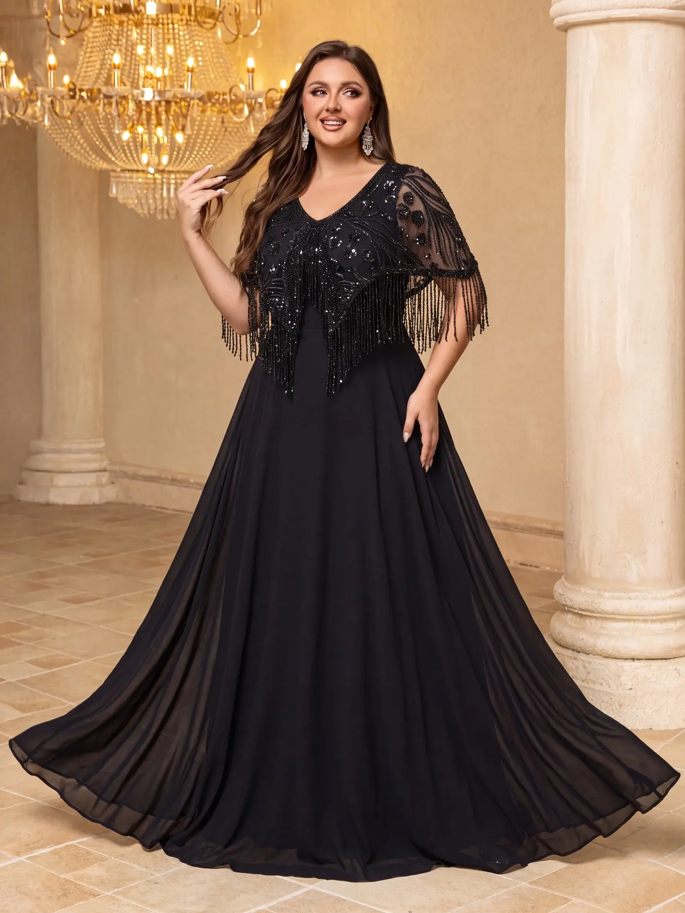 Plus Size Women's Beaded Fringe Shawl V-Neck Chiffon Waist Cinch Maxi Dress, Elegant Evening Gown, All Seasons, Short Sleeve
