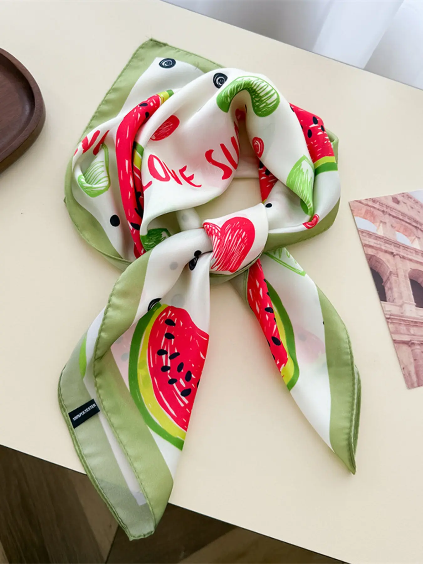 Cute Watermelon Heart Summer Print Satin Scarf, Cartoon Fruit Polka Dot Bandana, Women's Multi-Use Neck Hair Wrap, Sweet Casual Fashion Accessory