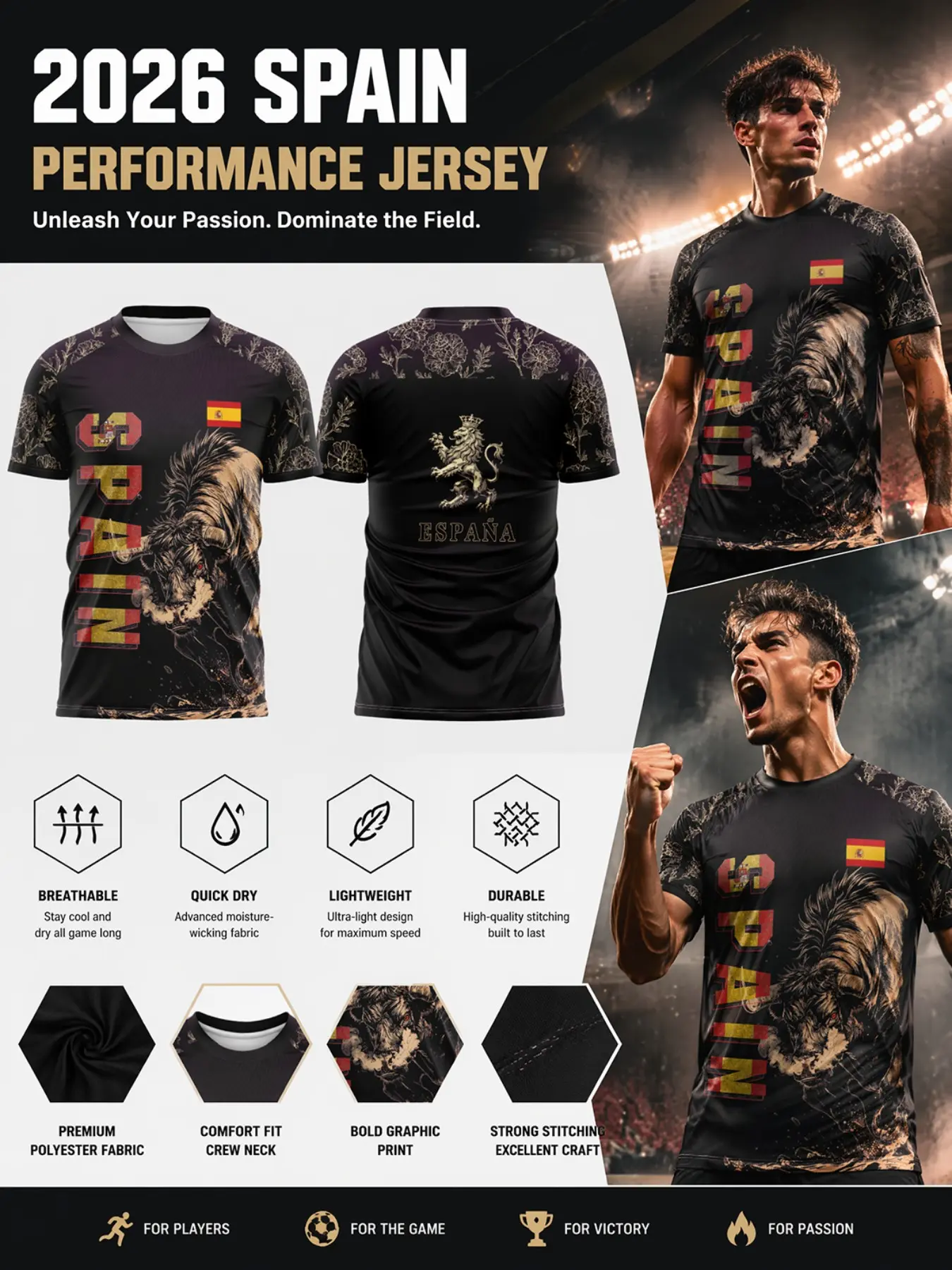 2026 Spain Bull Royal Lion Gold Soccer Jersey, Floral Flag Decor, Breathable Quick-Dry Lightweight Durable Fabric, Classic Spanish Fan Sportswear Top, Soccer Shirts