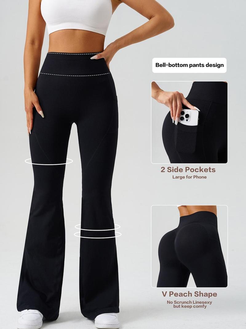 Women's Solid High Waist Flare Leg Sports Leggings, Athleisure Fitness Leggings, Casual Comfy Pocket Design Bell Bottom Trousers for Yoga Gym Workout Running, Ladies Sportswear for Fall & Winter