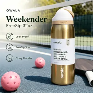 Owala Weekender FreeSip 32oz Insulated Stainless Steel Water Bottle Gloss Metallic Gold Finish Cream Beige Flip Lid Built-In FreeSip Straw Leak Proof Lockable Carry Handle 24hr Cold Retention BPA Free Sports Flask For Pickleball Tennis Gym Travel Luxury M