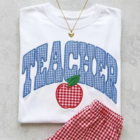 PRINTED Teacher Applique TShirt, Gingham Teacher T-Shirt, Apple Patch Tee, Back To School Teacher Gift, Preppy Teacher Tee