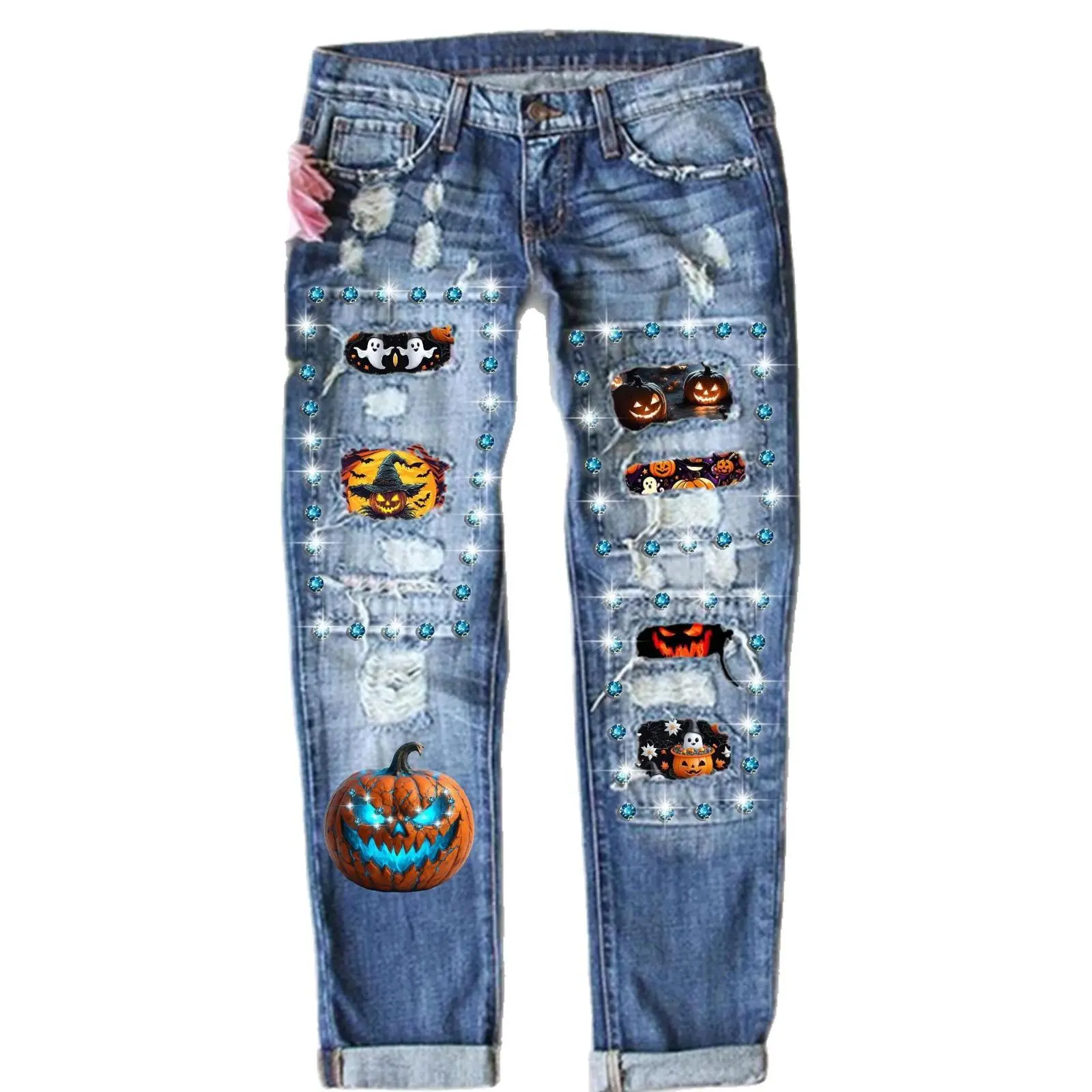 2026 Halloween New Fashion Diamond Print Ripped Mid Waist Straight Leg Women's Jeans with Unique Pumpkin & Ghost Designs for Autumn Casual Wear