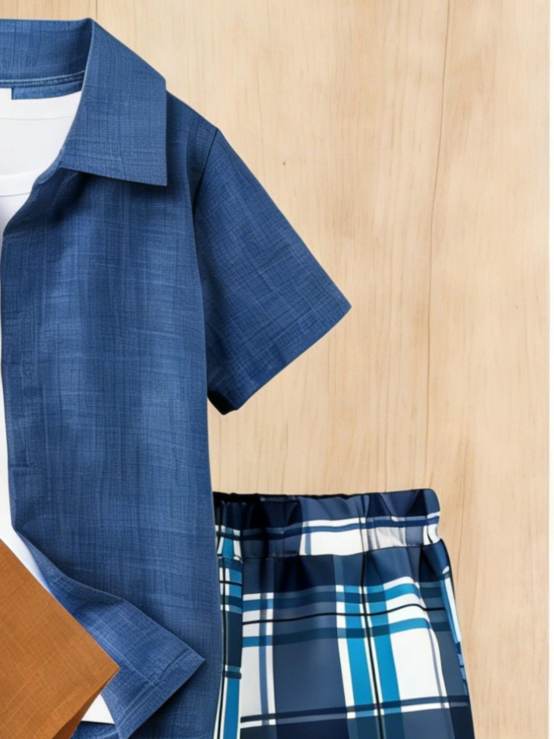 Randomly 1 Set, 2pcs, Boys' Shirt And Shorts Set, Featuring A Checkered And Striped Pattern with Printed Stitching, Fashionable And Trendy, Versatile, 3-12Y Teen Boy Clothing, Casual Wear, Outdoor Sports, Easter Giftr, Polyester, Perfect for Outdoor