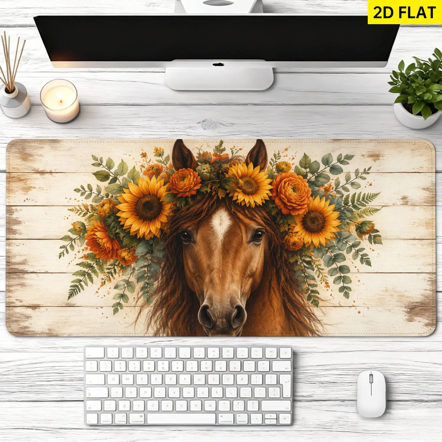 Extra Large rustic sunflower horse portrait Mouse Pad,Non Slip Rubber Pad,Desktop Decoration Drotection Pad,Washable,Lock Edge Multi Size,Premium Multipurpose Mousepad For Home,Office,Gift for Family and Friends