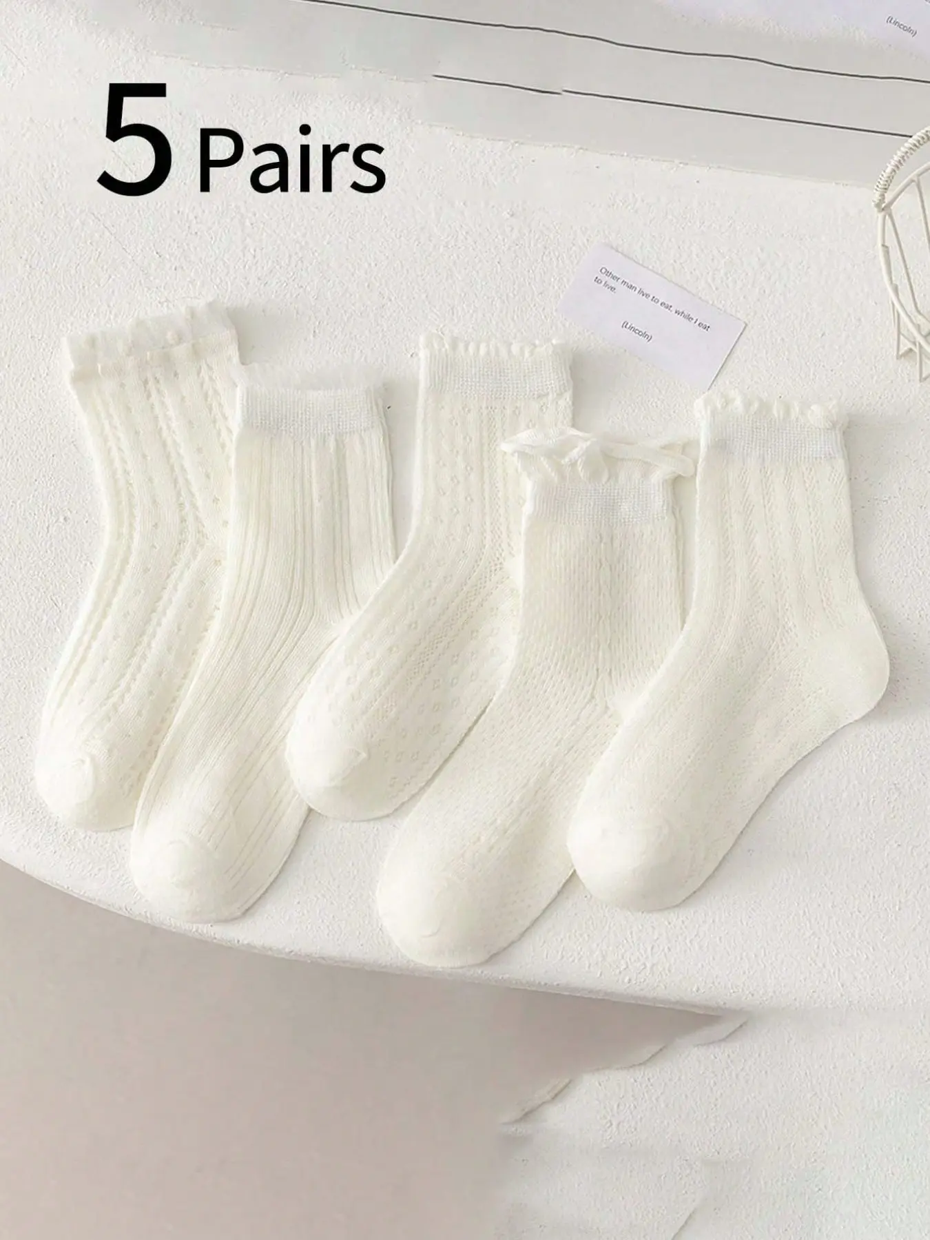 5 Pairs Girls' Lace Trim Princess Socks, Spring Summer Thin Mesh Socks, Breathable Japanese Style Cute Ankle Socks, Pair with Small Boots, Solid Ankle Socks