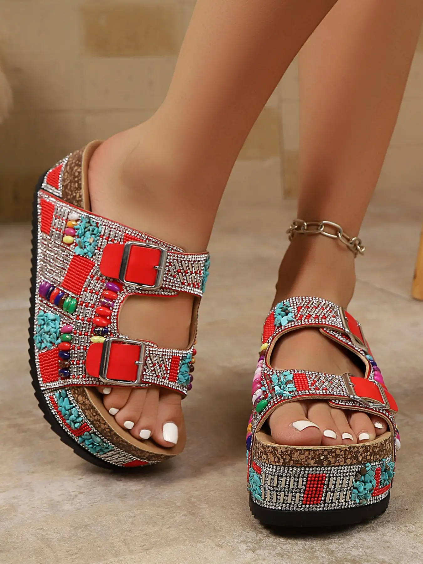 Bohemian Colorful Beaded Thick Rubber Sole Flip-Flops, Adjustable Buckle, Summer Outdoor, Anti-Slip, Soft Wood Texture, Women's Casual Sandals