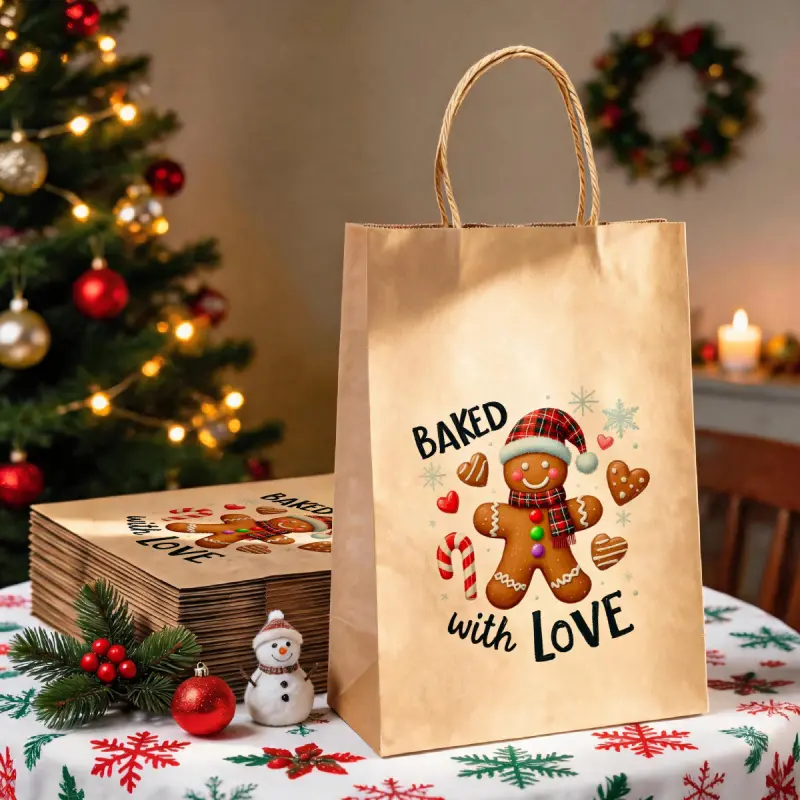 12-piece set of Christmas-themed gift bags with heart-shaped gingerbread man pattern, with handles, suitable for holiday party favors and baking cookie packaging, size 15X8X 21cm