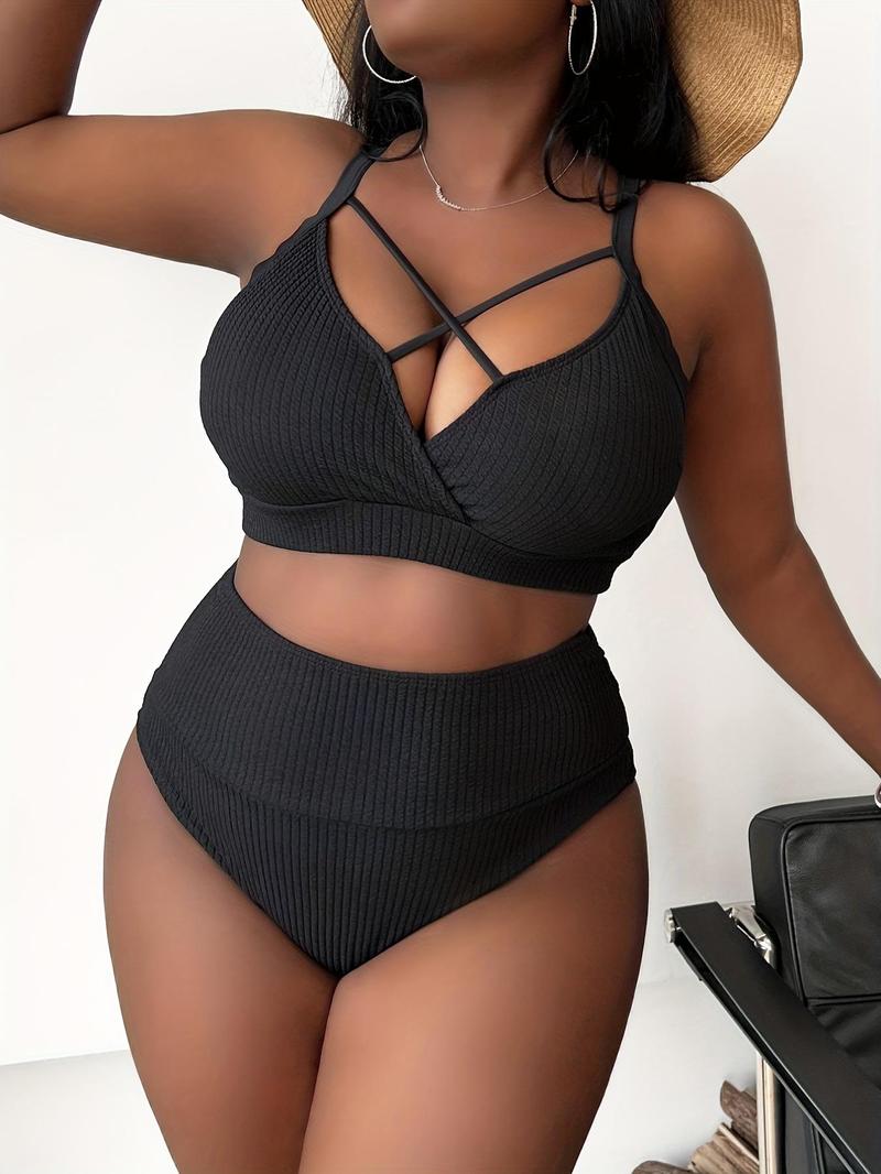 【Plus Size】 Criss Cross Cut Out Bikini Set, Solid Adjustable Strap Swim Top & High Waist Swim Bottom, Bathing Suits, Women's Swimwear for Summer, High Waisted Bikini, Criss Cross Swimsuits, Beach Bikini Set