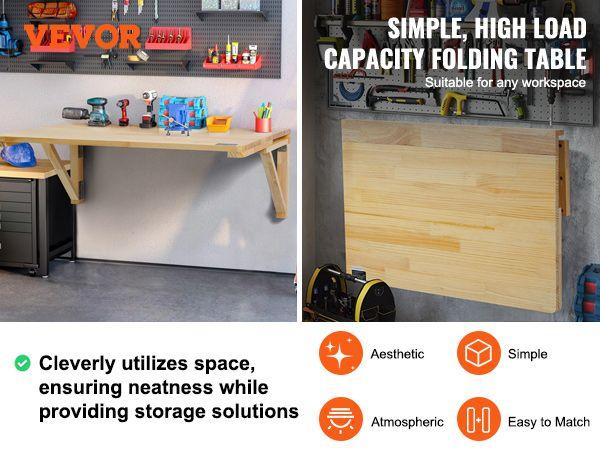 TikTokShopBlackFridayVEVOR Wall Mounted Folding Table, 31.5" x 23.62" Wall Mount Drop Leaf Table, Wooden Floating Desk with Iron Bracket, Fold Down Desk for Small Spaces, Home Office, Dining, Laundry Room, Kitchen, Bar