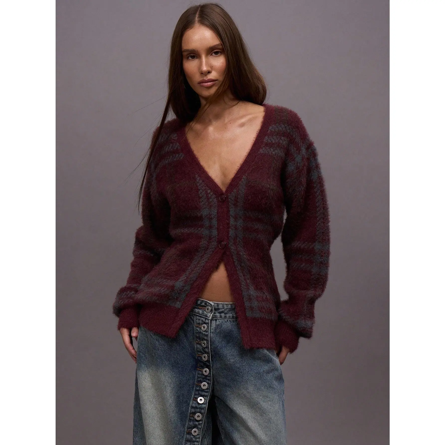 Checkered Fuzzy Knit Cardigan Button Up V Neck Long Sleeve Sweater Jackets