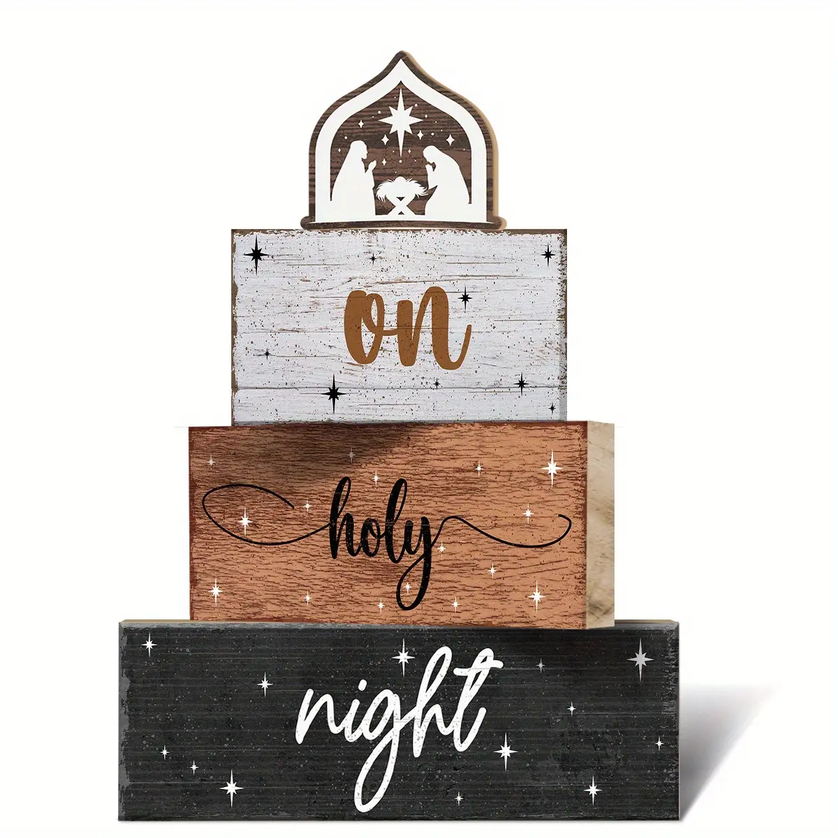 4pcs Wooden Christmas Decorative Plaques & Ornaments, Nativity Arch Tiered Tray Decor, Christmas Centerpiece, Nativity Arch Block Signs Gift, Farmhouse Winter Table Decoration for Home