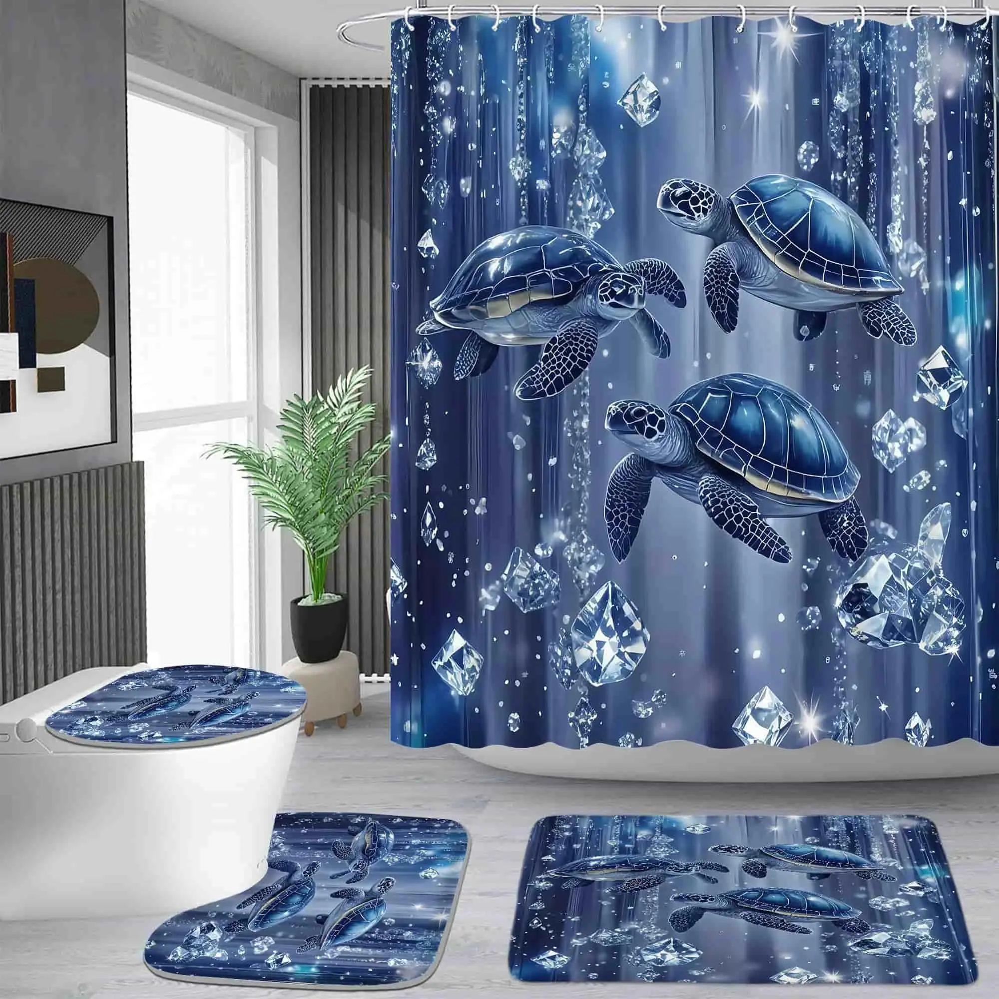Deep sea turtle diamond pattern shower curtain set, waterproof shower curtain with 12 hooks, non-slip bathroom carpet, toilet U-shaped cushion, toilet seat cover cushion, bathroom shower curtain set, perfect moving gift.