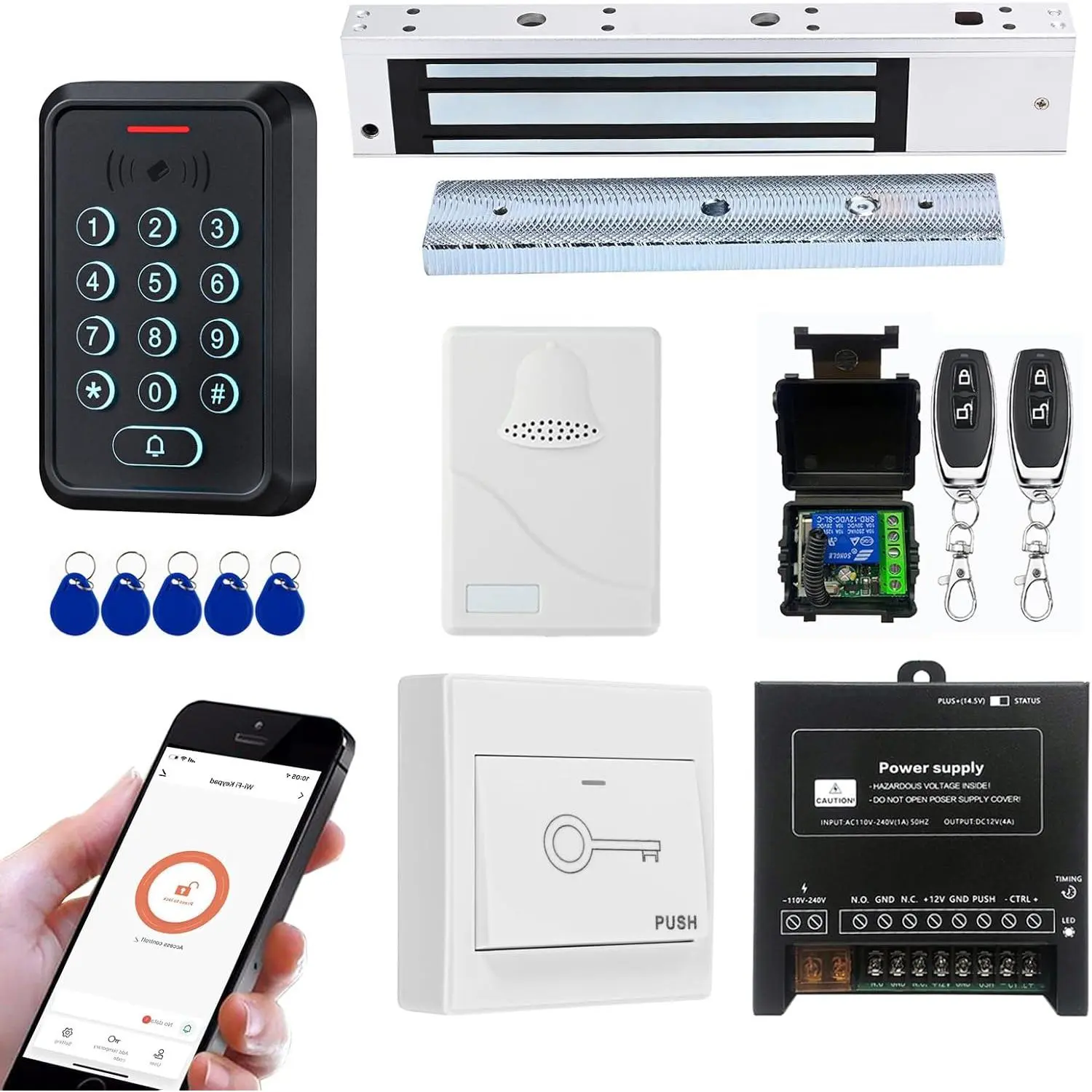 Outdoor Gate Synthetic Lock Kit, 280KG/600lbs Door Access Control Complete Kit with WiFi Remote Unlock via Tuya, ID&IC Card Keypad Reader, Power Supply, Exit Button, Doorbell, Remote Controls
